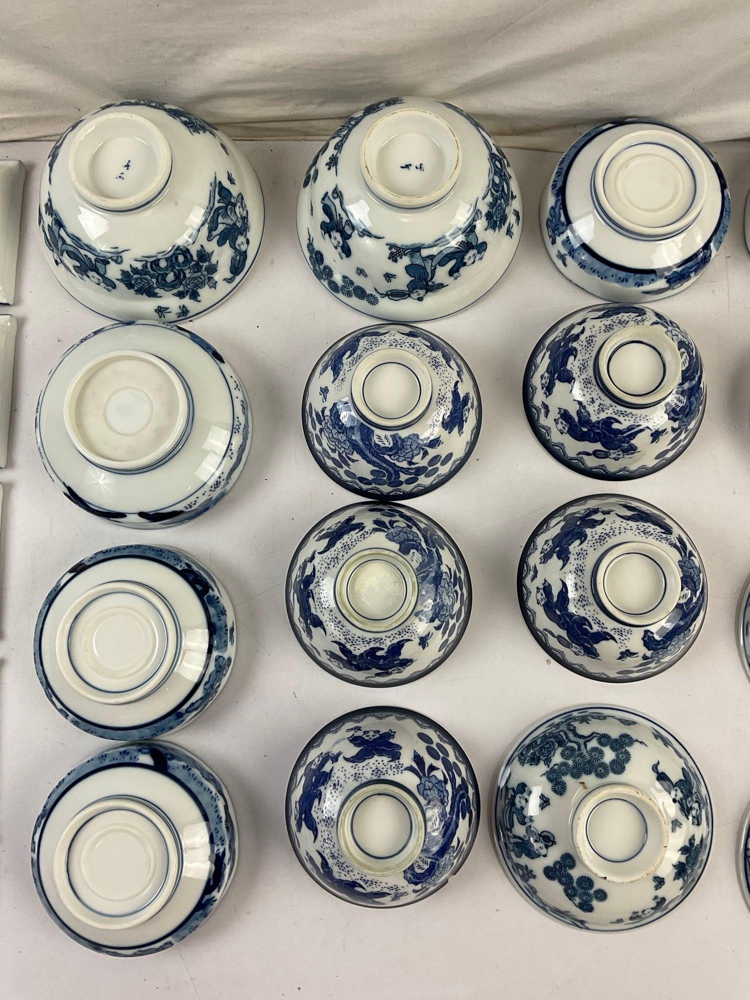 21 pcs Vintage Blue & White Japanese Ceramic Dish Assortment w/ Children Design. See pics.