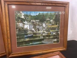 Collection of 4 Framed Colored Etching Pieces, looks like 4 English Villages