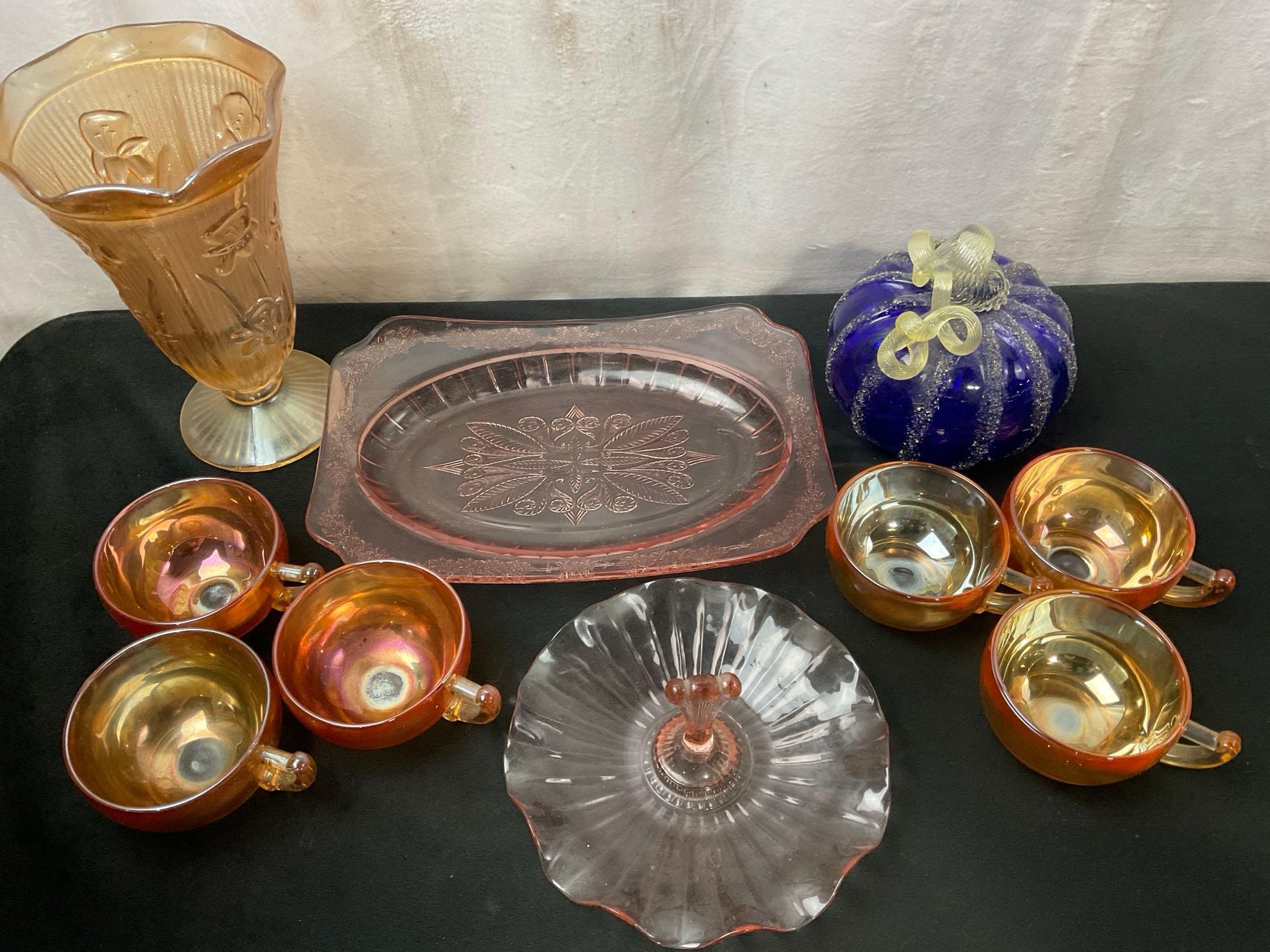 Carnival Glass 6x cups, Large Urn Vase, Depression Glass serving plate& Platter, Cobalt Blue Pump...