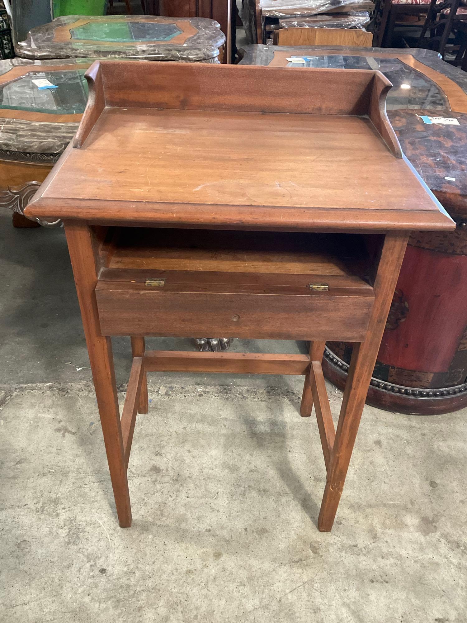 Vintage Wooden Side Table w/ Fold Open Compartment. Measures 20.5" x 23" See pics.