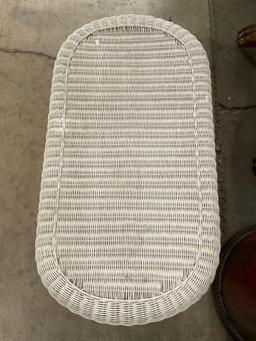 Vintage White Wicker Patio Coffee Table w/ 2 Tiers & Unique Shape. Measures 42.5" x 18" See pics.