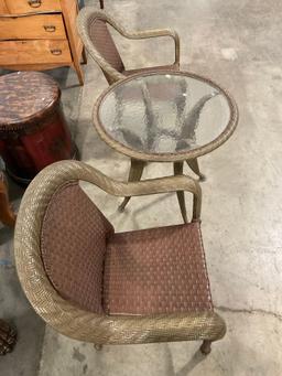 3 pcs Vintage Green & Brown Faux Wicker Patio Furniture Assortment. 2 pcs Chairs & Table. See pics