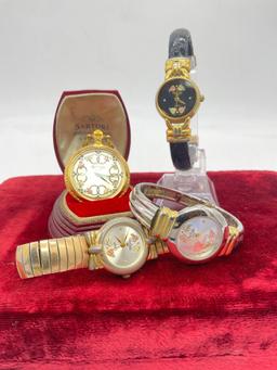 4x Black Hills Gold 12k gold leaf face watches incl. pocket watch (no back) - need batteries as is