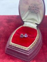 14k diamond heart shaped purple gemstone stud earrings with backings