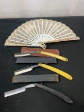 Antique Lace Fan & 3x Straight Razors w/ Cases, incl. Koken Knight, Lakama