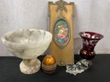 Large Marble Footed Bowl, Egermann Czech Urn, Austrian Egg, Fenton Cat Figure, Rococo style hanging