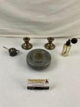 4 pcs Vintage Small Decorative Assortment. Pair of Crown Weighted Sterling Candlestick Holders. See