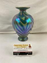 Vintage Iridescent Green & Blue Handblown Glass Vase w/ Swirl Pattern. Unsigned. See pics.