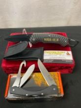 Pair of Outdoor NRA Knives, 1x Folder w/ carabiner loop, 1x 3 folding fishing blades