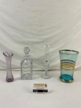 4 pcs Vintage Glass Vessel Assortment. Duiske Irish Handcut Glass Vase. Crystal Decanter. See pics.