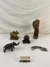 5 pcs Vintage Decorative Statuette Assortment. Japanese Metal Elephant. Wooden Baseball. See pics.