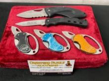Group of 5 Buck Folding Knives, incl. Bottle Opener Keychain pieces, 2x Plastic Handles