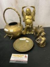 Collection of Asian Brass Pieces, Japanese Official, Horse figure, Buddha Statue, Teapot and plate