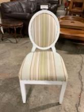 Vintage White Wooden Banquet Chair w/ Sage Green Striped Upholstery. See pics.