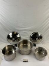 5 pcs Stainless Steel Cook Pots & Accessories Assortment. 12 Qt Americraft Pot w/ Lid. See pics.