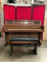 Vintage Wheeled Wooden Piano No. 139392 & Suede Topped Piano Stool w/ Compartment. See pics.
