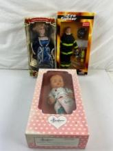 Collection of 3 Vintage Dolls incl. My Fire Fighter, Collectors Choice Fine Porcelain, & Effanbee