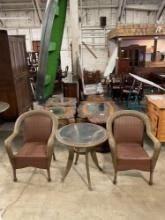 3 pcs Vintage Green & Brown Faux Wicker Patio Furniture Assortment. 2 pcs Chairs & Table. See pics