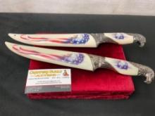 Pair of Patriotic Fixed Blade Daggers w/ Cases with Eagle Motifs, 7.5 inch blades