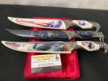 Trio of Patriotic Daggers w/ Cases with Wolf & Eagle Motifs, 7.5 inch Fixed blades, White & Black