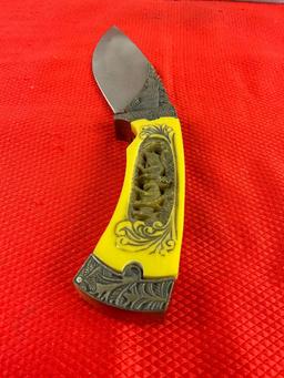 Stainless Steel 5" Fixed Blade Knife w/ Elk Herd Carved Resin Handle & Etched Blade. See pics.