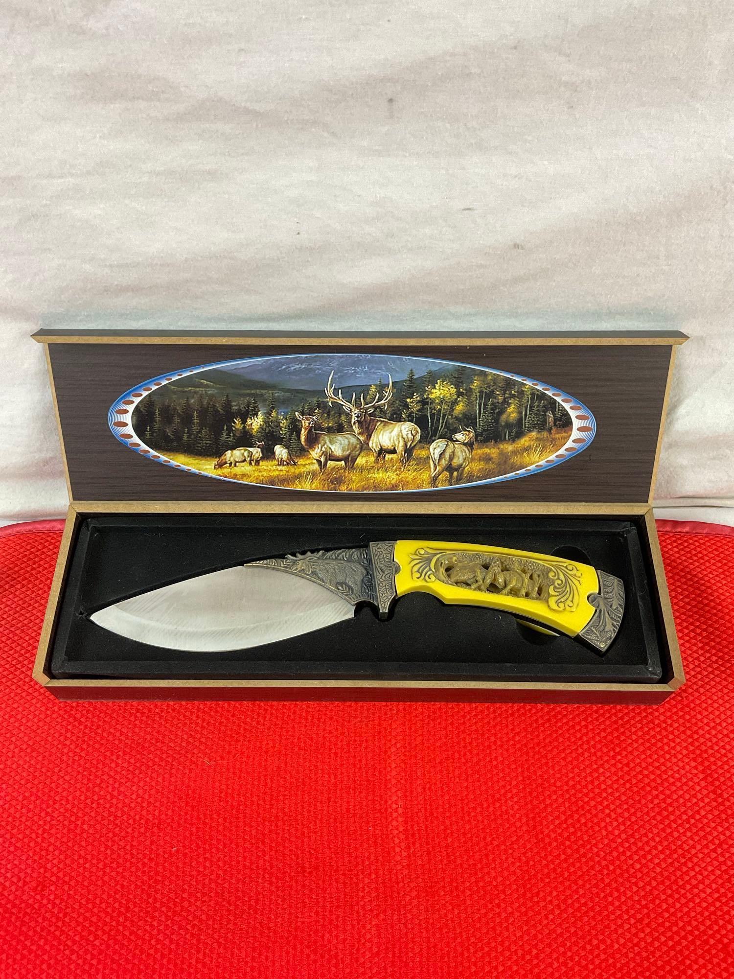 Stainless Steel 5" Fixed Blade Knife w/ Elk Herd Carved Resin Handle & Etched Blade. See pics.
