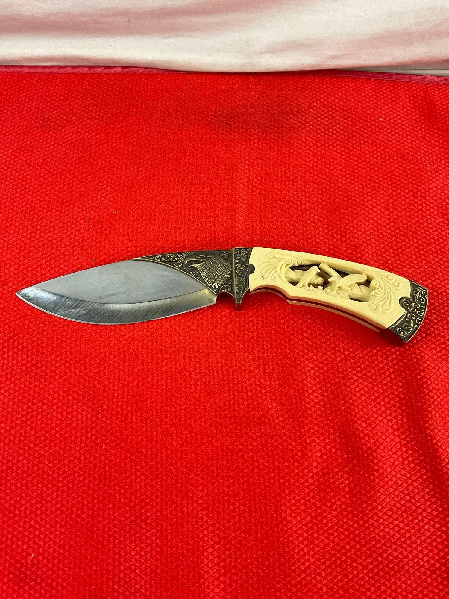 Stainless Steel Fixed Blade Knife w/ Double Eagle Carved Resin Handle & Etched Blade. See pics.