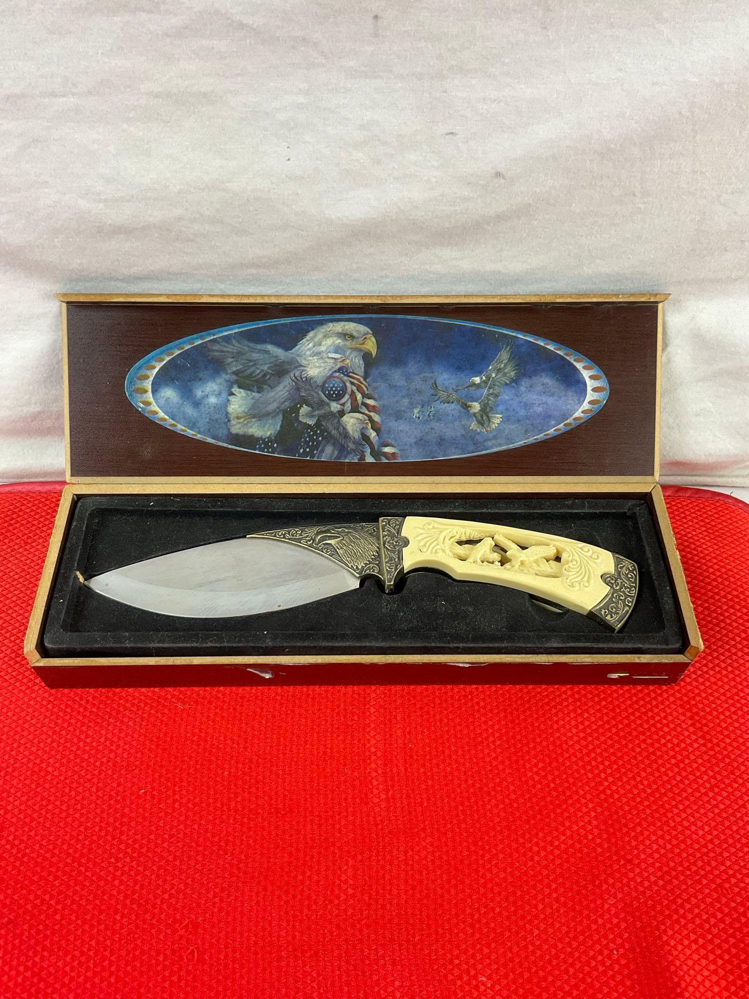 Stainless Steel Fixed Blade Knife w/ Double Eagle Carved Resin Handle & Etched Blade. See pics.