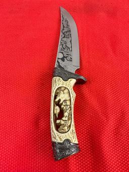 Stainless Steel 6" Fixed Blade Knife w/ Howling Wolf Pack Carved Resin Handle & Etched Blade. See