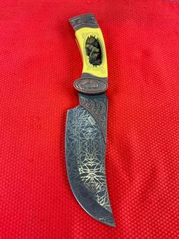 Stainless Steel 5" Fixed Blade Knife w/ Brown Bears Carved Resin Handle & Etched Blade. See pics.