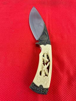 Stainless Steel 5" Fixed Blade Knife w/ Double Eagle Carved Resin Handle & Etched Blade. See pics.