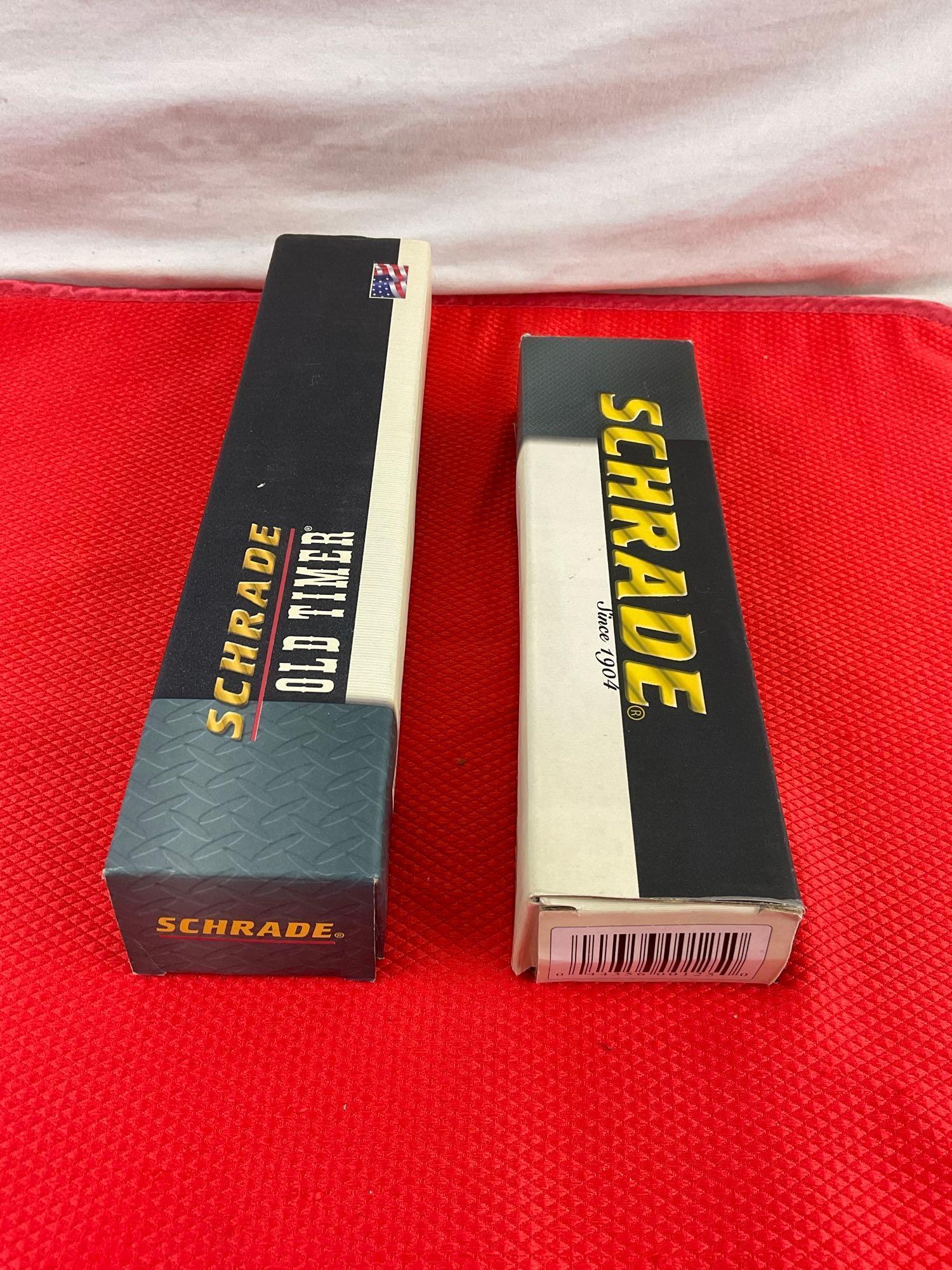 2 pcs Schrade Old Timer Stainless Steel Knives w/ Sheathes. Model No. 1420T & 1580T. NIB. See pics.
