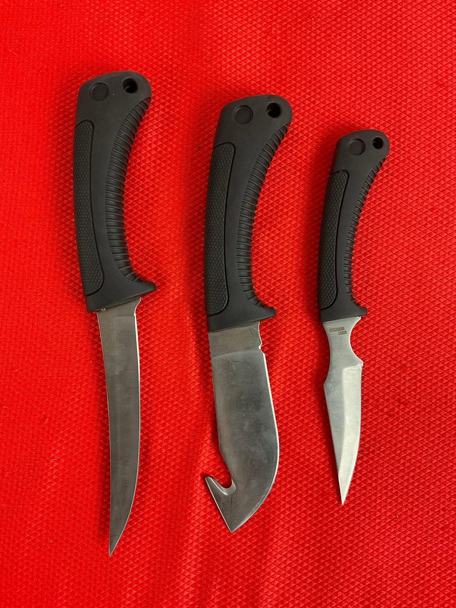 3 pc Rocky Mountain Steel Fixed Knife Hunting Knife Gift Set w/ Canvas Sheath Model KC202. NIB. See