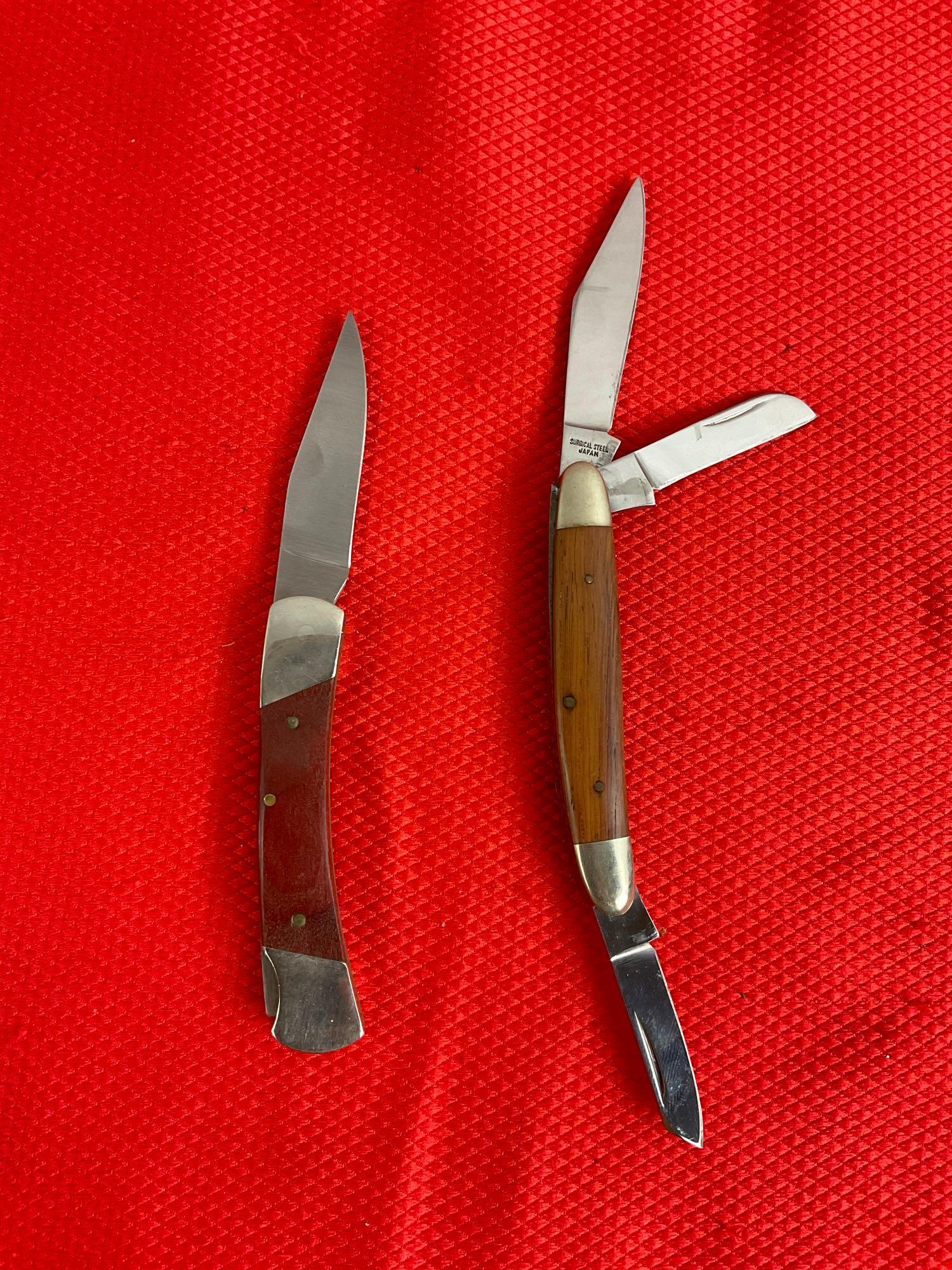 2 pcs Vintage Parker Cut Co. Steel Folding Knives w/ Wooden Handles. 3" Stockman Knife. See pics.