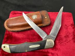 Vintage Buck 317 Hunting Double Knife w/ Black scales, and leather holster