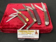 5 Assorted Folding Pocket Knives, Worn Schrade Old Timer, Fury, a few more unmarked pieces