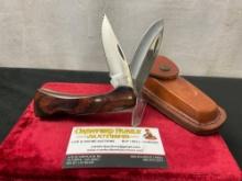 Vintage Coleman Western Folding Double Knife, C102 Stainless Steel, wooden scales w/ leather case