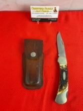 Vintage Western 4" Steel Folding Blade Lock Back Pocket Knife Model 542 w/ Leather Sheath. See pi...