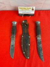 2 pcs Vintage Remington Steel Fixed Blade Boy Scout Knives Models R61 & R71. 1 Leather Sheath. See