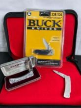 3x Buck Folding Pocket Knives Numbered 325, 515, & 525. 325 is new in box - See pics