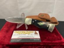 Vintage Western Folding Pocket Knife, S-531, engraved blade with buck scene, metal and wooden han...