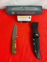 Rough Rider 4" Steel Fixed Blade Hunting Knife w/ Leather Sheath & Wood Handle Model RR176. NIB. ...