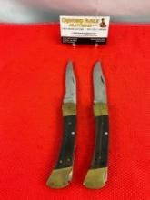 Pair of Vintage Buck 3.75" Steel Folding Blade Pocket Knives Model 110 w/ Ebony Handles. See pics.