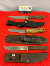 3 pcs Vintage Steel Fixed Blade Knives. 1 Maxam, 1 Cattaraugus Vanadium, 1 Unmarked. See pics.