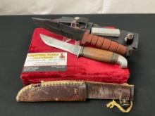 Pair of Fixed Blade Knives, Leather on Belt Sheaths, Kabar style, and Remington style West Cut