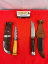2 pcs Vintage Steel Fixed Blade Knives w/ Leather Sheathes. 1x Mora Edgemark, 1 PIC. See pics.