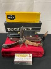 Pair of Buck Folding Pocket Knives, Models 500 & Custom Rosewood handle 532, w/ leather sheaths