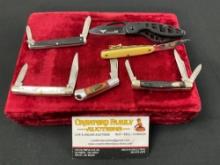 6x Assorted Pocket Knives, Queen Steel, Acheson, Frost Cutlery, & Unique Tie Clip Knife
