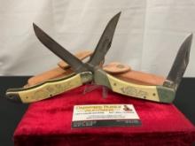 Pair of Vintage Schrade Scrimshaw Folding Pocket Knives, Models SC508 & SC705, w/ Leather Sheaths