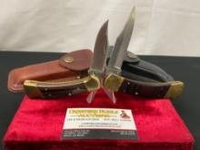 Pair of Vintage Folding Pocket Knives, Buck 112 & Sheffield Stainless, wooden handles
